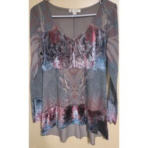 Unity World Wear Women Top Sm Long Sleeve Shirt Boho V Neck Mixed Media